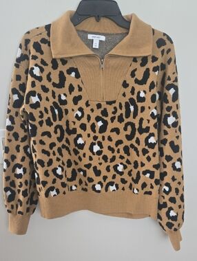 Womens Nine West Leopard Print Sweater With Half Zip Sz Med